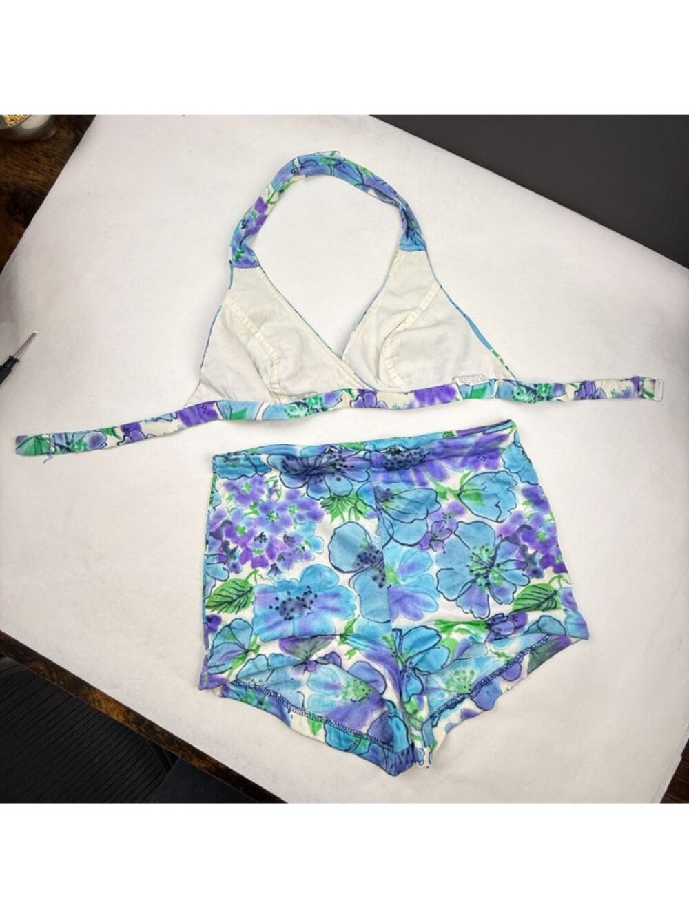 Vintage Sirena Blue Purple Floral 2pc Bathing Suit Size 10 Needs Repairing As-Is - Picture 3 of 13